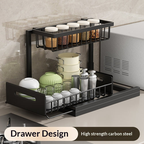 Black two-tier pull-out organizer with lower drawer on a kitchen counter