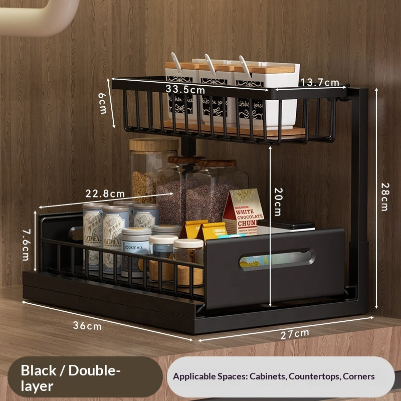 Black under-sink organizer dimensions: 36 cm wide, 27 cm deep, 28 cm high