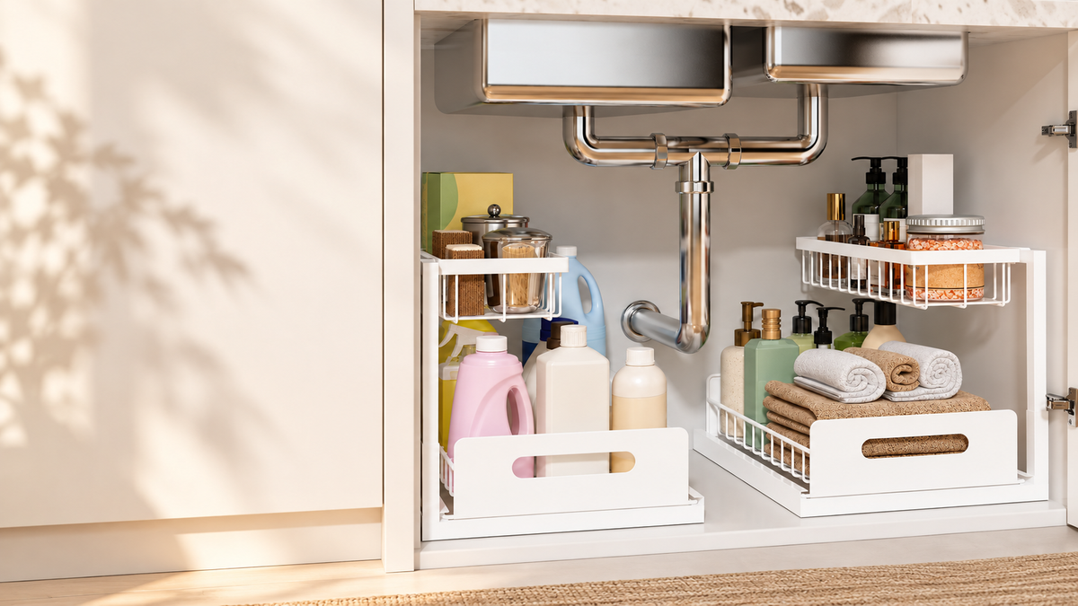 Two white pull-out organizers under a sink with open space for homepage text