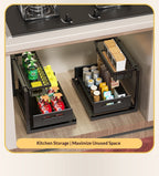 Two black two-tier pull-out organizers in a kitchen cabinet