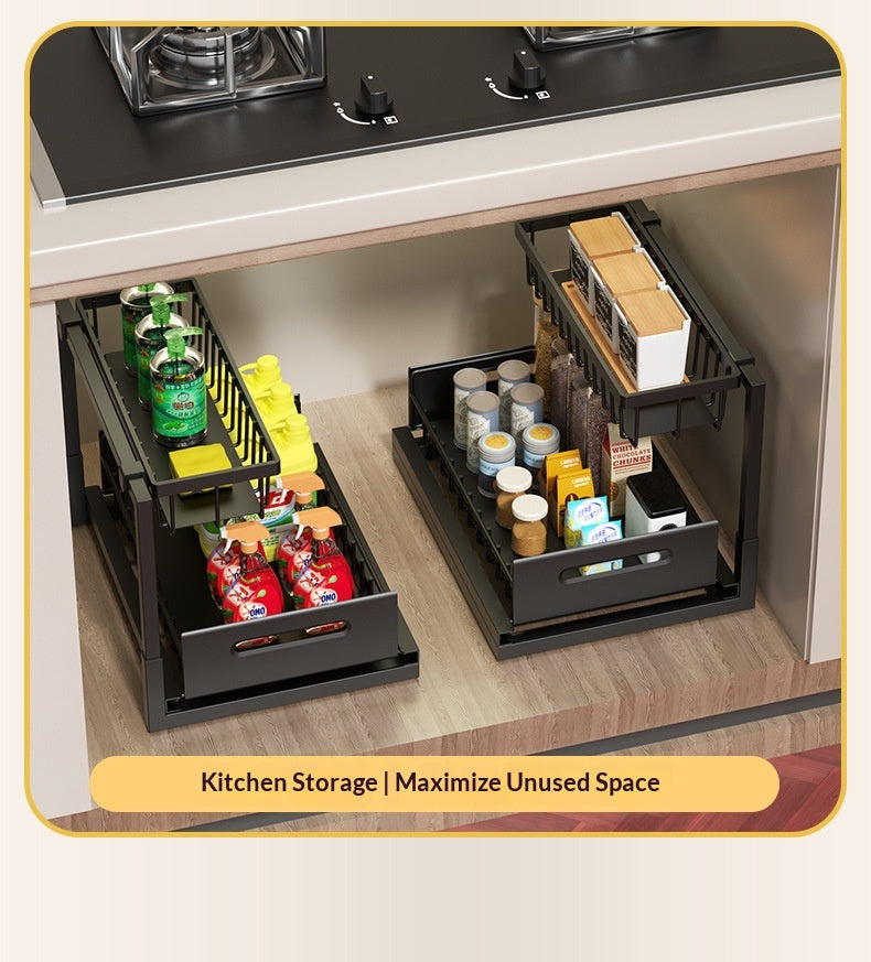 Two black two-tier pull-out organizers in a kitchen cabinet