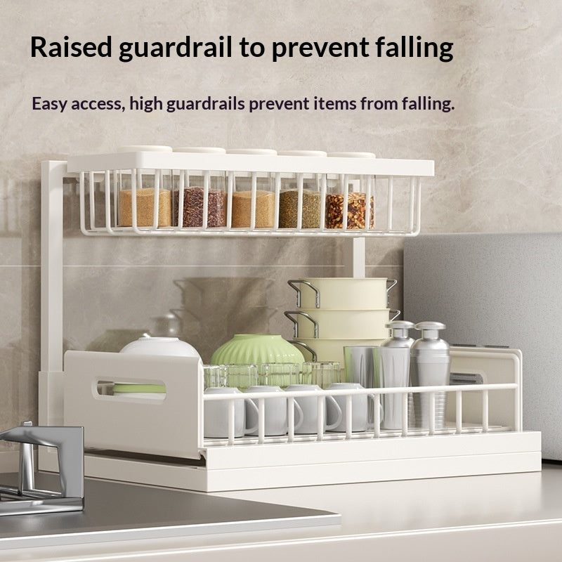 White two-tier pull-out organizer on a kitchen counter
