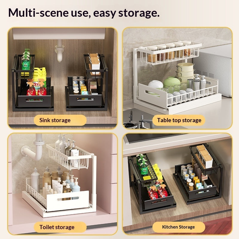 Examples of the organizer under a sink, in a bathroom, and on a countertop