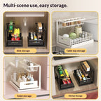Examples of the organizer under a sink, in a bathroom, and on a countertop