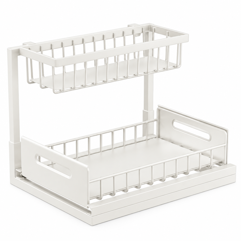 White KOOVEXO two-tier pull-out under-sink organizer on a light studio background